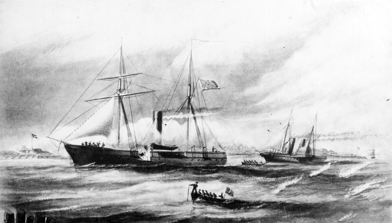 A gunboat blocks another vessel. A fort is visible in the background.