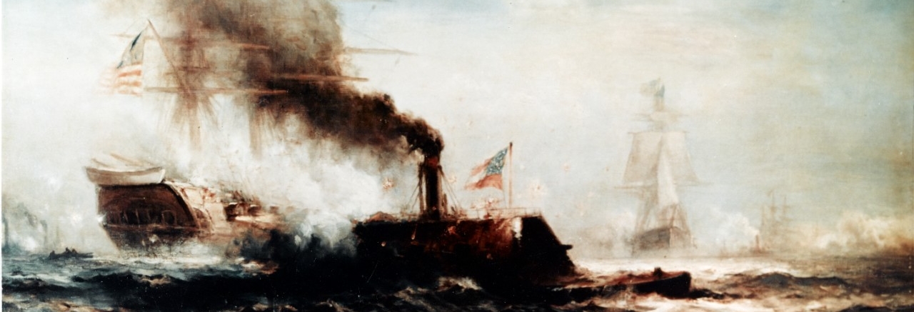 Photograph of an original oil painting of a Confederate ironclad with its raised flag sinking a wooden sailing vessel with a raised U.S. flag.