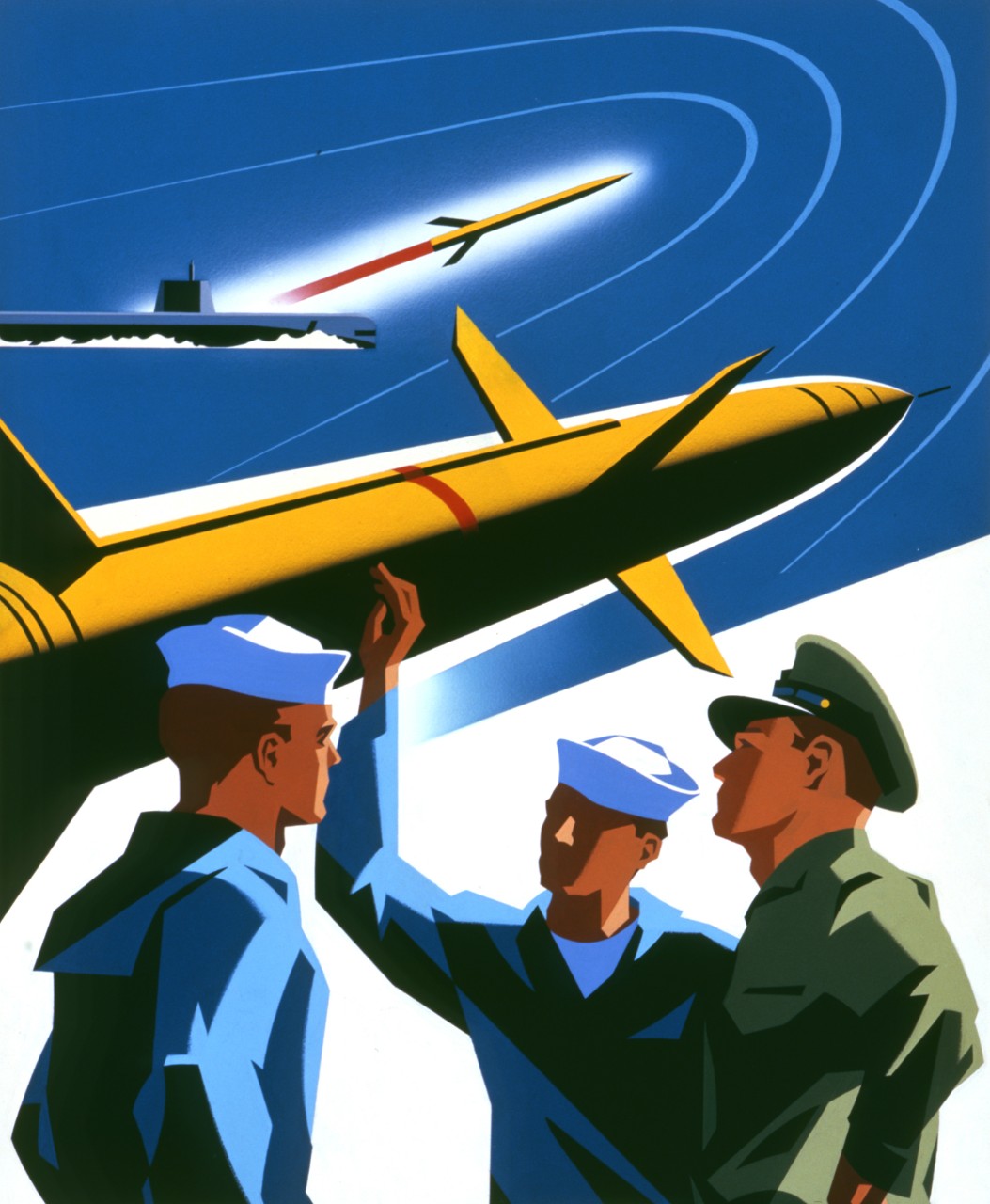 <p>There are six pennants, they say aviation, electronics, missiles, engineering, medical, atomic power, there is a destroyer in the background</p>
