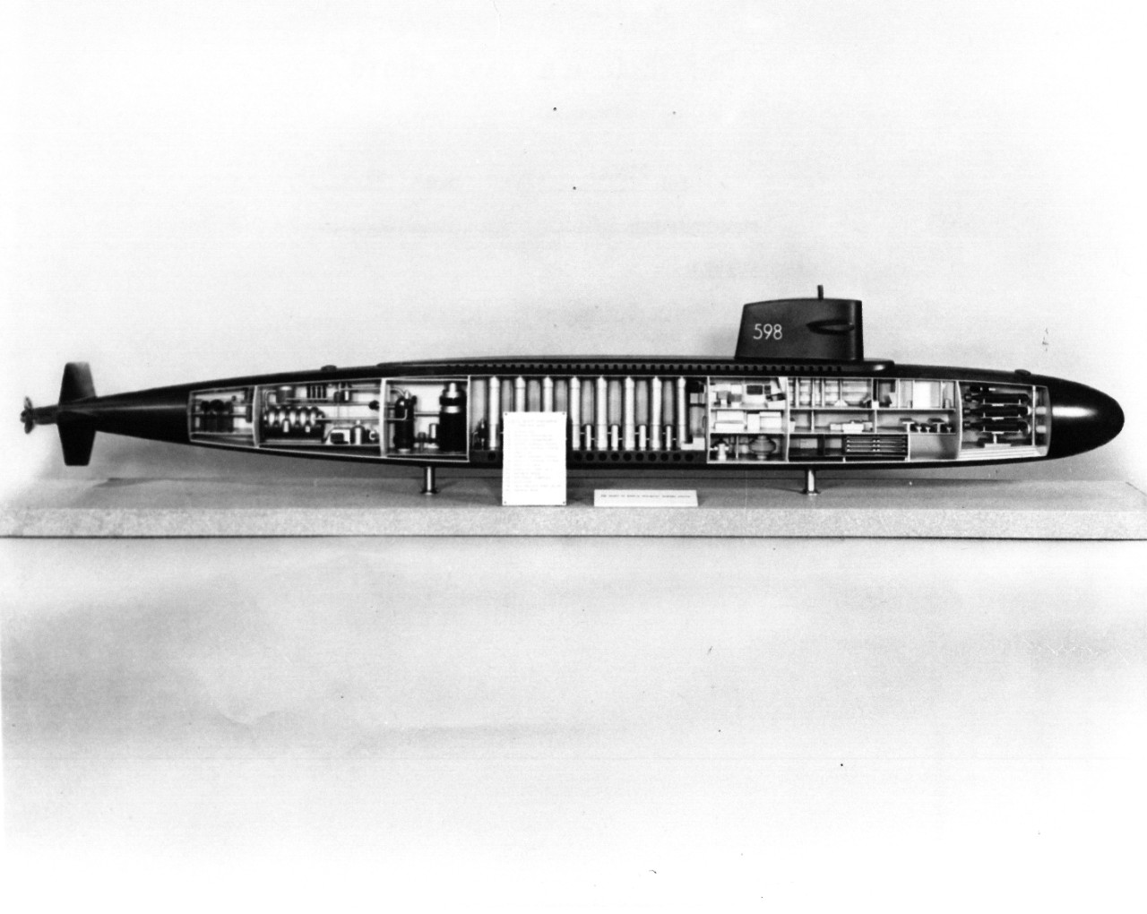 Model of submarine George Washington with side panel removed to show interior compartments and ballistic missiles