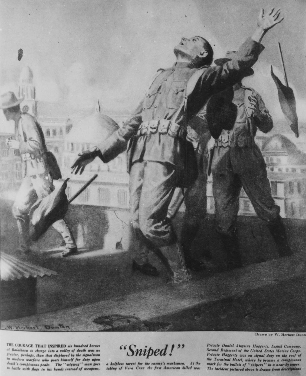 Drawing of a marine falling backward on a rooftop and dropping his signal flags.