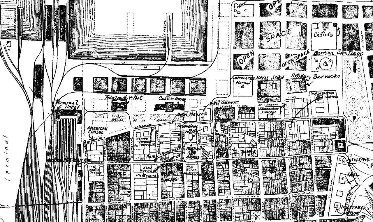 A black and white map showing sections of city blocks with key buildings labeled. Clicking this image directs to the full map.