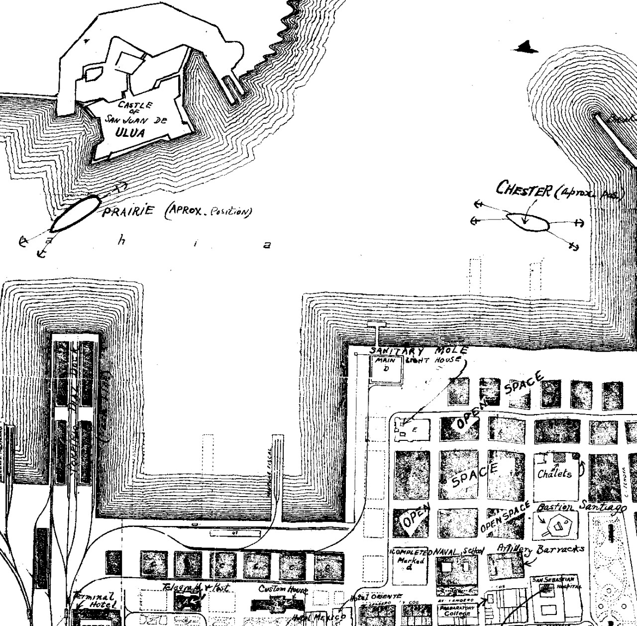 A black and white map showing ships in the inner harbor and nearby city blocks. Clicking this image directs to the full map.