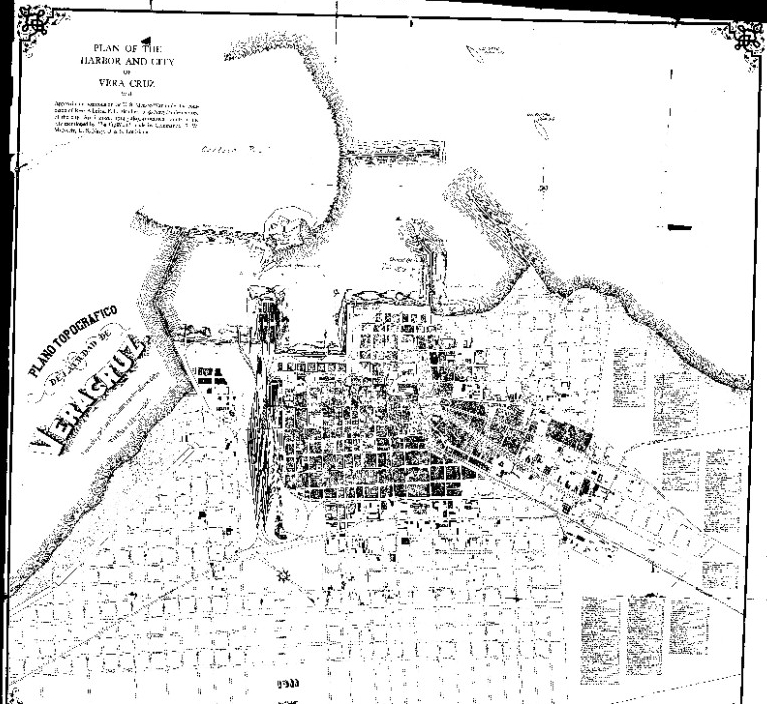 Historic map of Veracruz showing key buildings and U.S. Navy ship positions.