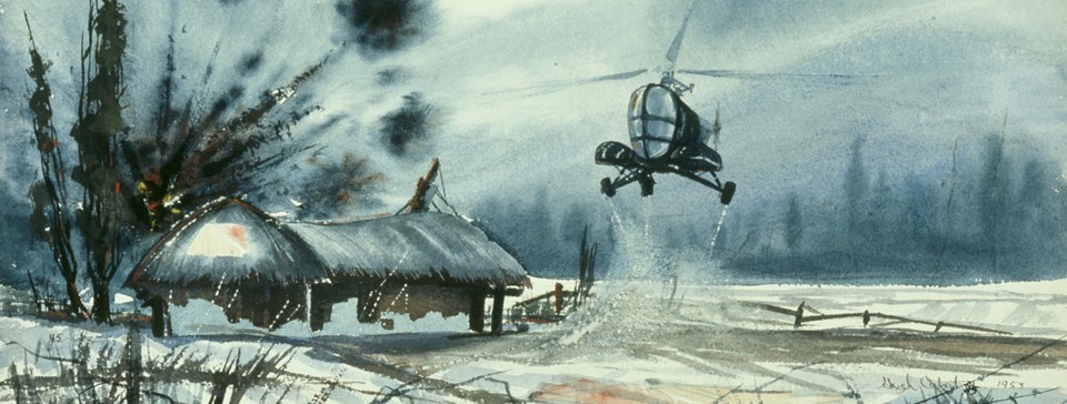 &#34;Evacuation Under Fire,&#34; painting, watercolor on paper, by Hugh Cabot, 1953 (88-187-AS).