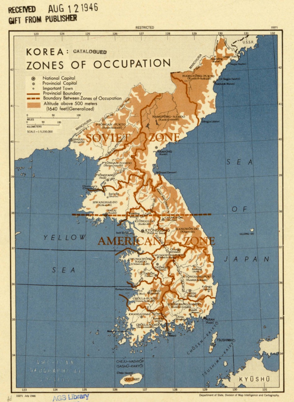 Map of Korea showing altitude and political boundaries