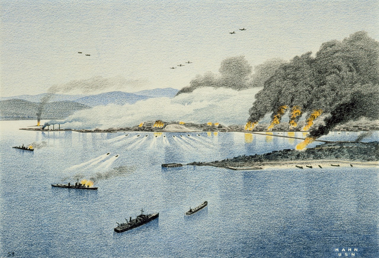 Wolmi-do and Inchon. Drawing, colored pencil on paper, by Herbert C. Hahn, ca. 1951 (88-191-BB). 