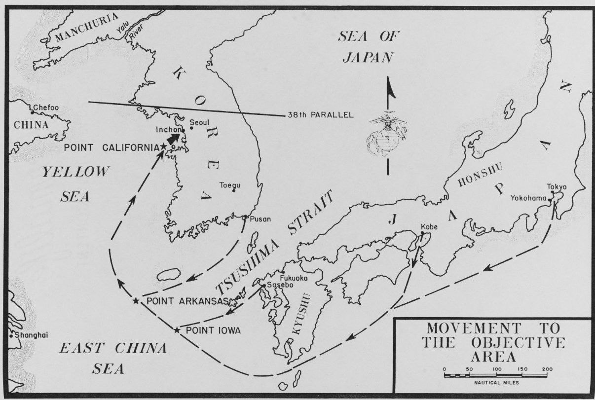 Movement to the Objective Area, Inchon Invasion, September 1950, showing the route taken by the invasion forces to reach Inchon. (NH 97053).