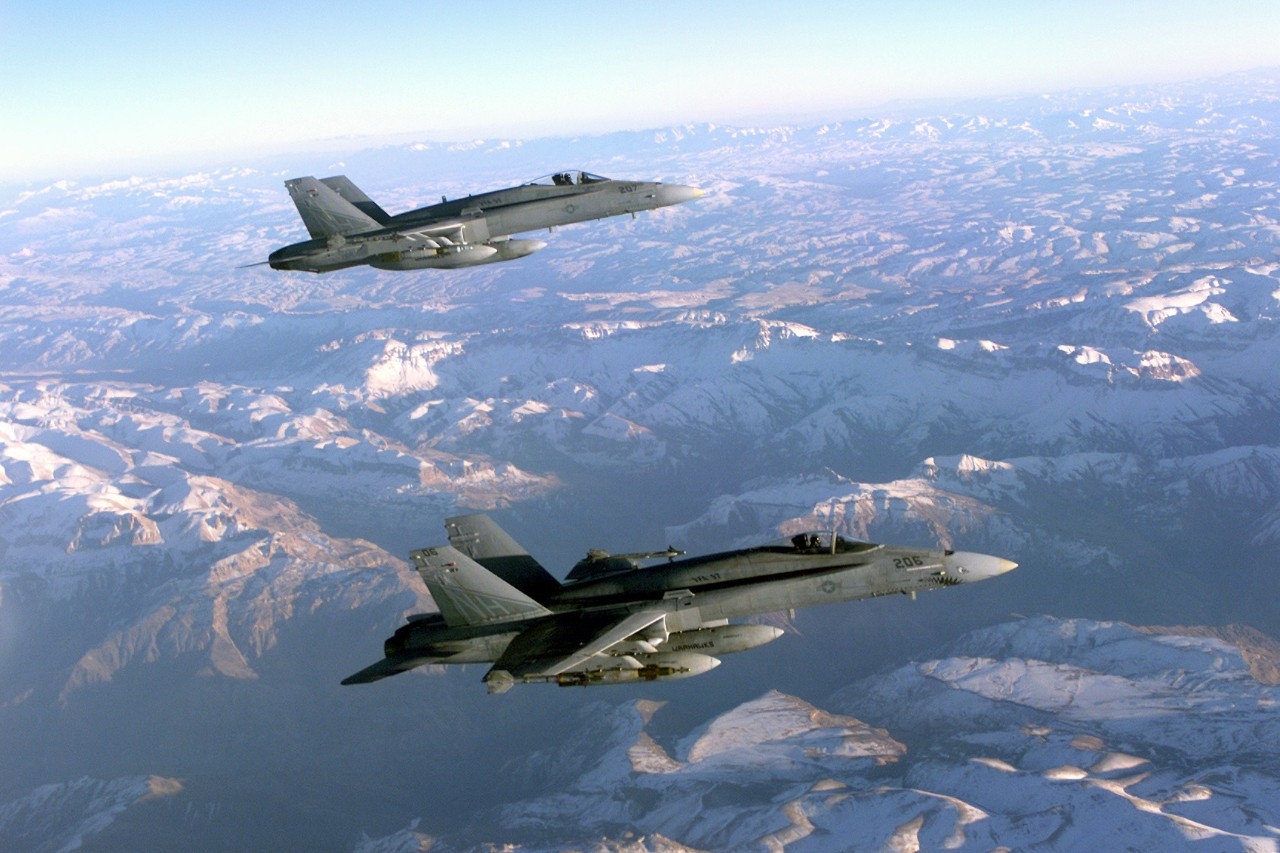 Two Navy F/A-18 Hornets patrol the skies over Afghanistan