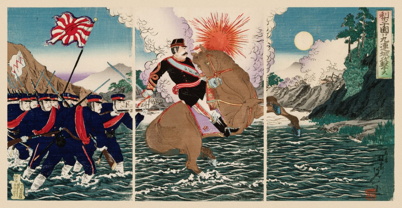 The Courageous Fight of General Matsuzaki during the Battle of Songhwan, by Watanabe Nobukazu, 1894, woodblock, 15h x 30w.