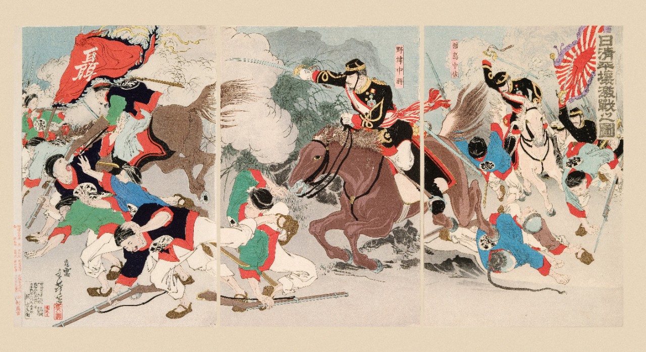 Battle of Pyongyang, by Migita Toshihide, 1894, woodblock, 15h x 30w. 