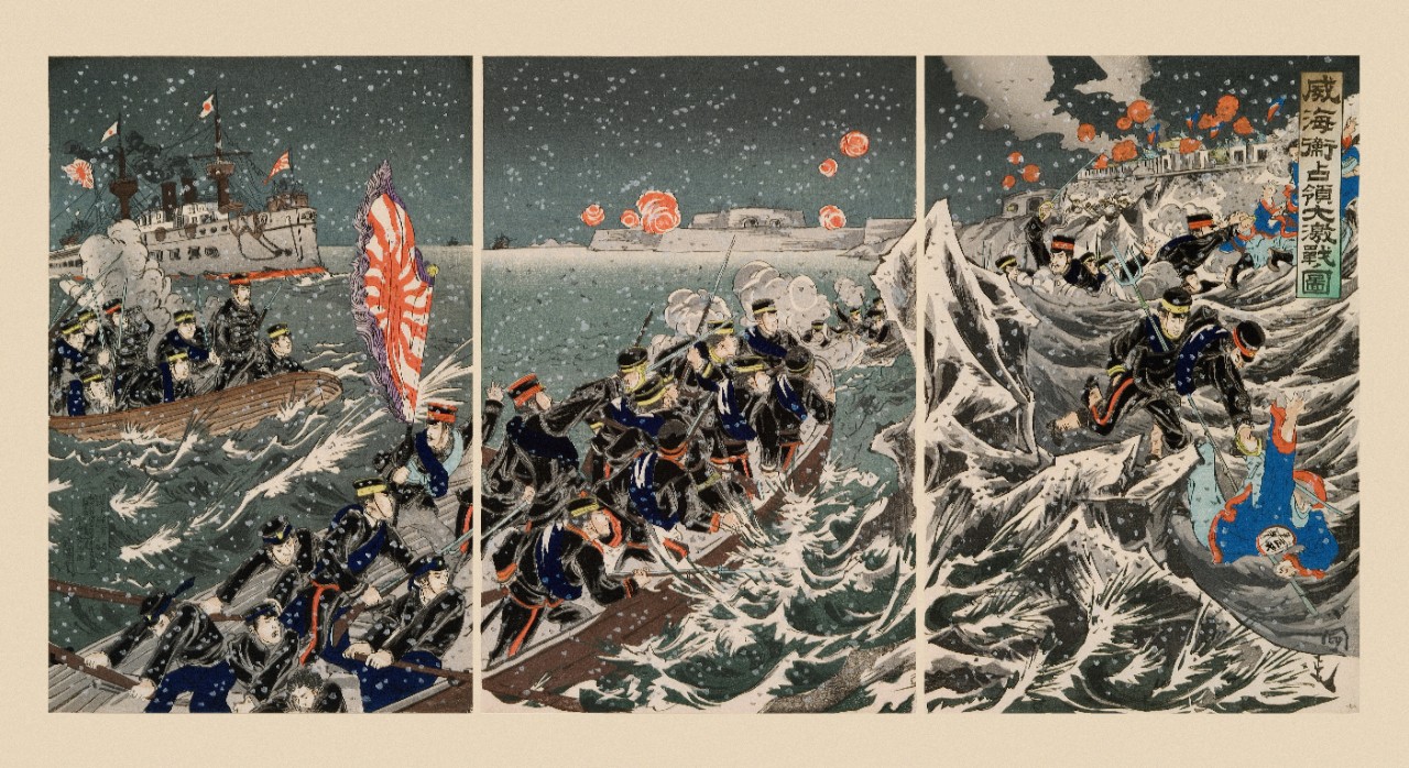 Illustration of the Fierce Battle for the Occupation of Weihaiwei, by Utagawa Kokunimasa, 1895, woodblock, 15h x 30w