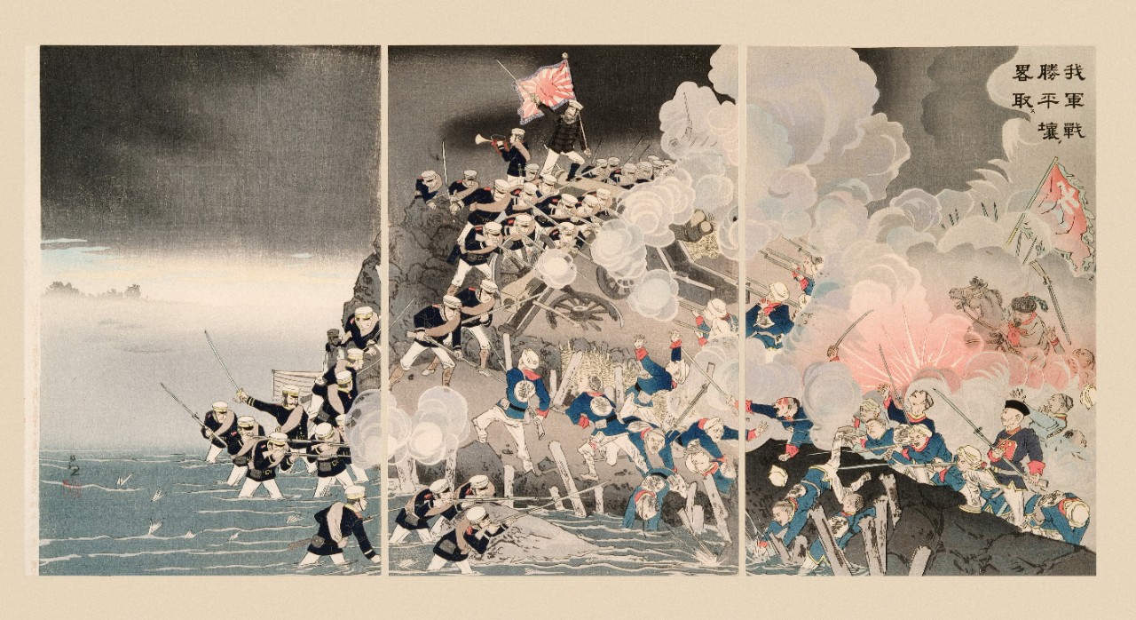 Victory at Pyongyang by Kobayashi Kiyochika, 1894, woodblock, 15h x 30w. 
