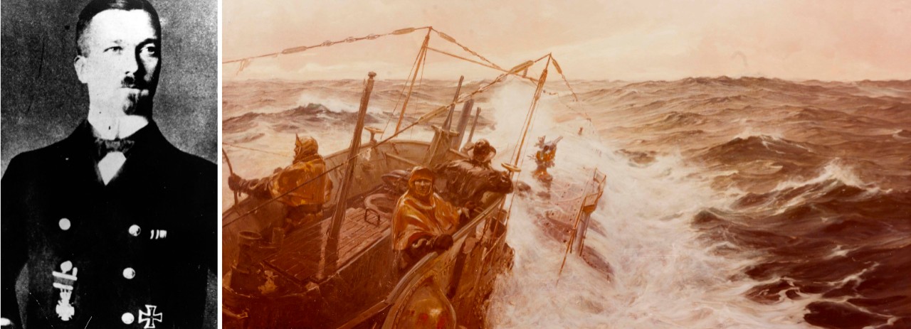 (Left) Kapitänleutnant Hans Rose. (Naval History and Heritage Command NH 92860) (Right) U-Boat 53 in the Atlantic, painting by Claus Bergen depicting the German submarine surfacing in the Atlantic (NH 88401-KN)