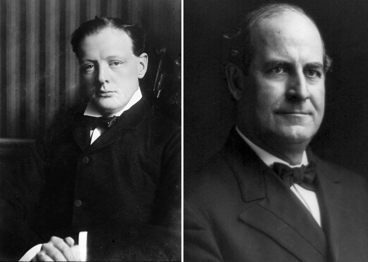 left: Winston S. Churchill, First Lord of the Admiralty. (Library of Congress, LC-B2-1016-13) right: Secretary of State William Jennings Bryan. (Library of Congress, LC-USZ62-95709)