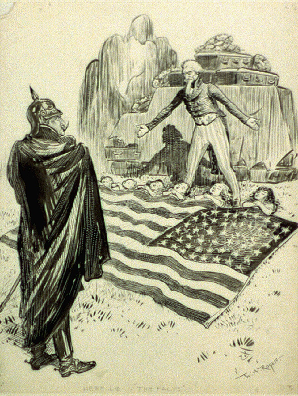 Uncle Sam faces Kaiser Wilhelm II, while standing behind the flag-covered bodies of the U.S. children killed in the Lusitania sinking.