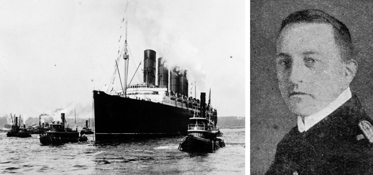 (Left) Lusitania departs New York on her final voyage, 1 May 1915 (National Archives, 111-SC-95818) (Right) Kapitänleutnant Walter Schwieger (NH 120872)