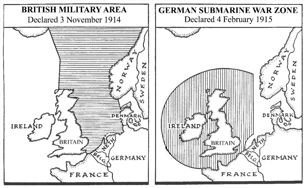 The war zones declared by Britain and Germany. 