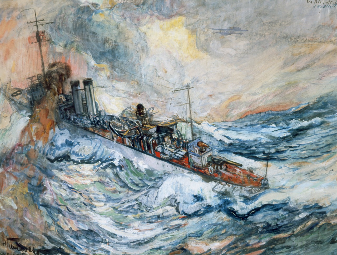 A ship with smoke pouring from its smoke stacks in very rough seas