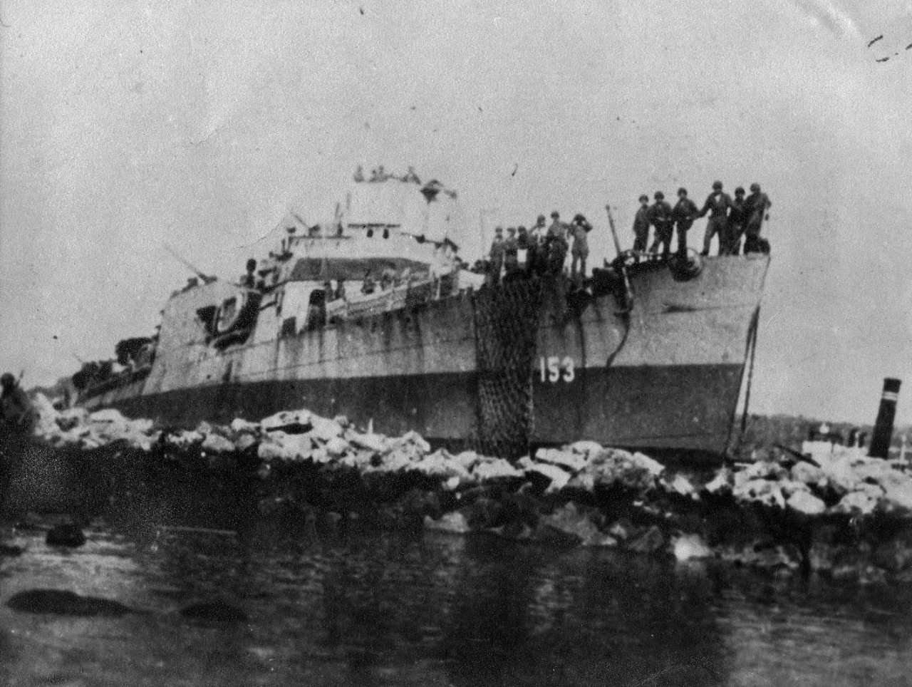 USS Bernadou (DD-153) after landing operations at Safi, French Morocco during Operation Torch landings, November 1942. The destroyer had been modified to land troops in the invasion.