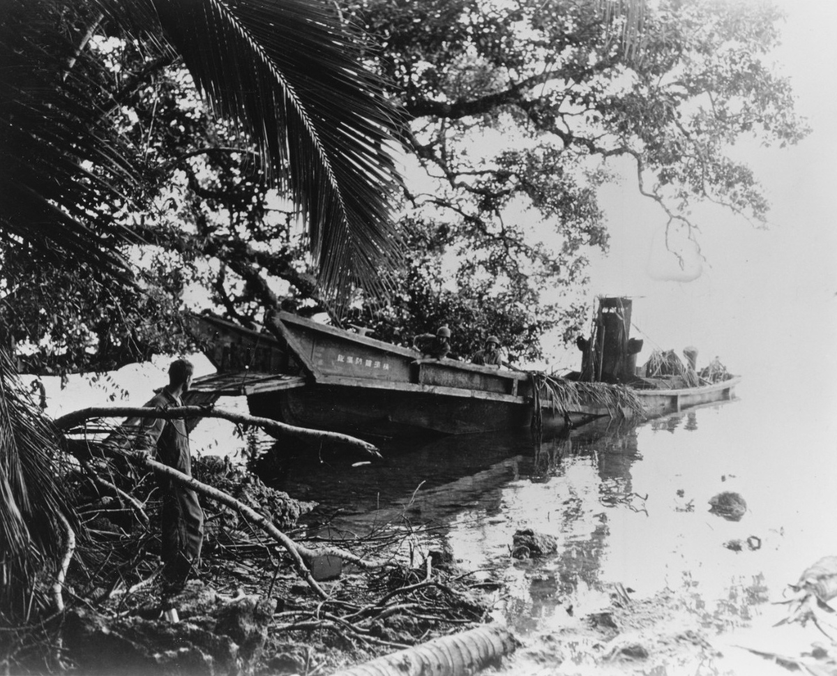 Japanese "Dai Hatsu" Type Landing Craft swamped on a New Georgia beach, July 19, 1943
