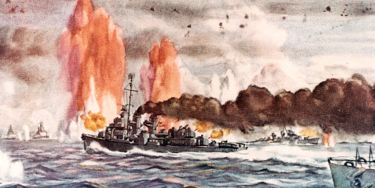 Watercolor by Commander Dwight C. Shepler, USNR, depicting the counterattack by the escort carrier group’s screen. Ships present are (L-R): Japanese battleships Nagato, Haruna, and Yamato, with salvo from Yamato landing in left center; USS Heerman (DD-532), USS Hoel (DD-533) sinking; Japanese cruisers Tone and Chikuma. Note: the original watercolor was commissioned specifically for the dust jacket of Samuel Eliot Morison’s “History of U.S. Naval Operations in World War II,” Volume XII, and reprinted in Volume XV of the same work. The painting was missing in 1973, so this photograph was made from the reproduction in the latter volume.