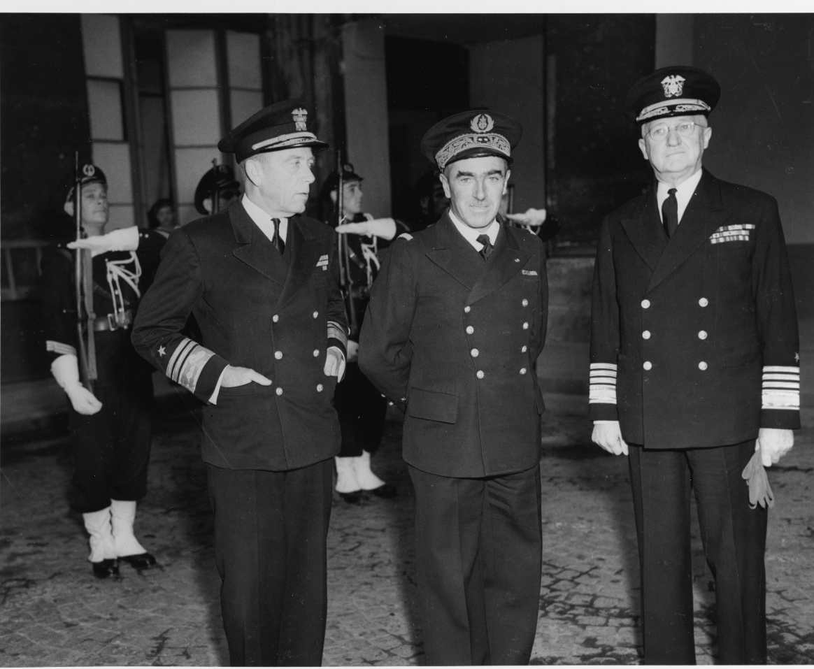 Vice Admiral Alan G. Kirk, USN, Commander, U.S. Naval Forces, France; Vice Admiral A.G. Lemonnier, Chief of staff, French Navy; and Admiral Harold R. Stark, USN, Commander U.S. Naval Forces, Europe.