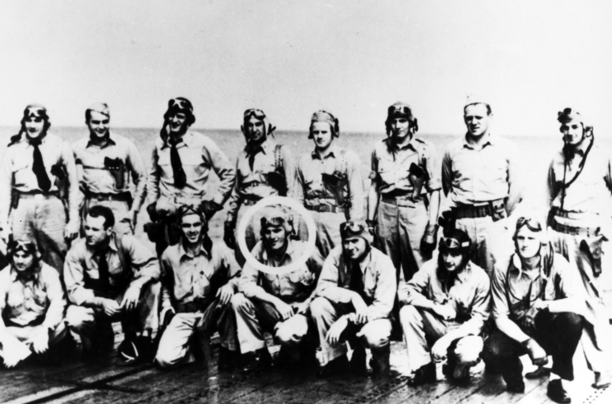Photo #: NH 93595 Torpedo Squadron Eight (VT-8) Pilots (Front row, kneeling, left to right): (Back row, standing, left to right):