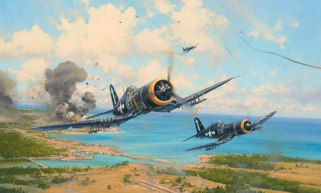 Flying from the USS Bunker Hill (CV-17), F4U Corsairs from VMF-221 assault Japanese positions defending Okinawa, April 1945. Leading the charge, Lieutenant Dean Caswell climbs away from the target after unleashing a blistering rocket attack on a ...