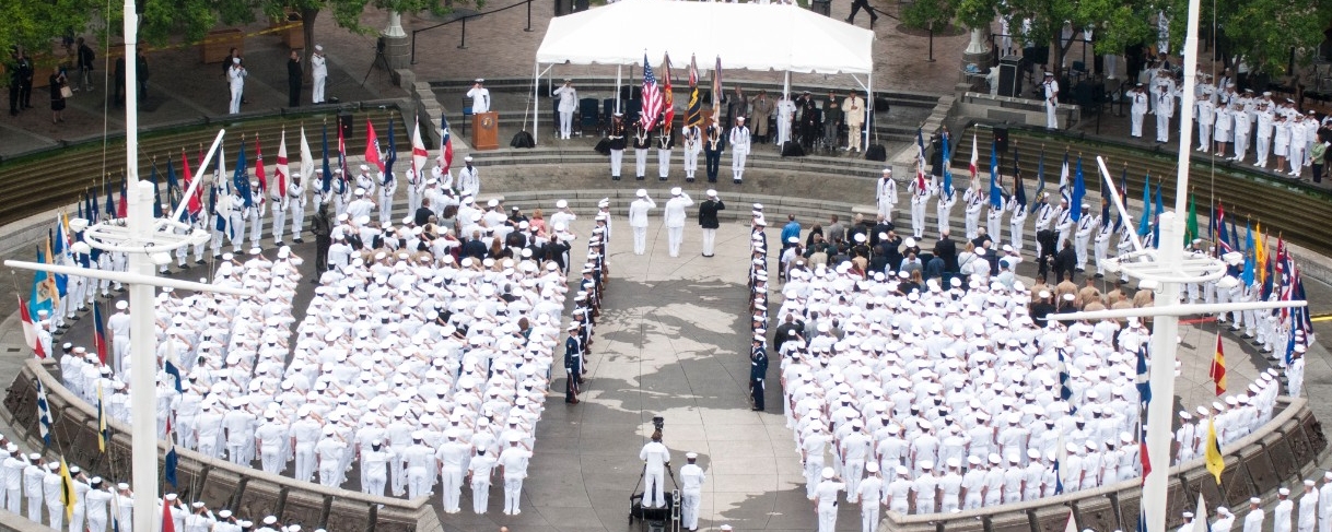 <p>A sea of white uniforms greets visitors to the Navy Memorial in Washington D.C as Sailors pause to celebrate the 73rd anniversary of the Battle of Midway.</p>
