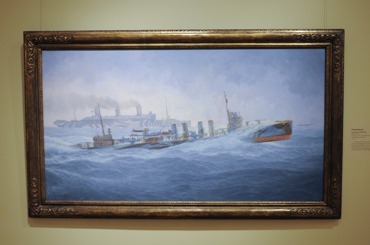 Painting titled, "A Fast Convy" depicting U.S. Navy ships in rough sea. 