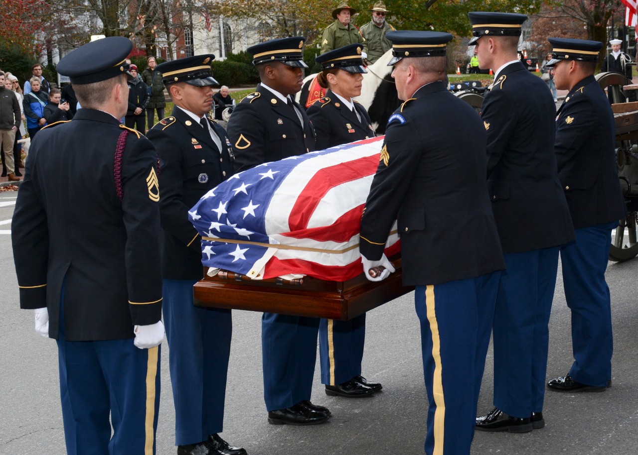 Concord, Mass. (Nov. 15, 2017) The Military Funeral Honors Team of the Massachusetts Army National Guard carries the casket of Medal of Honor Recipient Capt. Thomas J. Hudner, Jr., during a funeral procession in Capt. Hudner’s honor. Capt. Hudner, a naval aviator, received the Medal of Honor for his actions during the Battle of the Chosin Reservoir during the Korean War. (U.S. Navy photo by Mass Communication Specialist 3rd Class Casey Scoular/Released)
