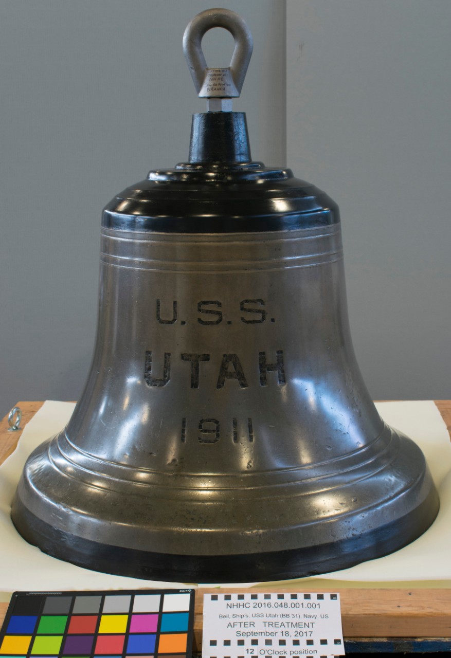 USS Utah Bell after treatment with robust lifting hardware attached. (U.S. Navy photo by Naval History and Heritage Command Collection Management Facility staff/Released)