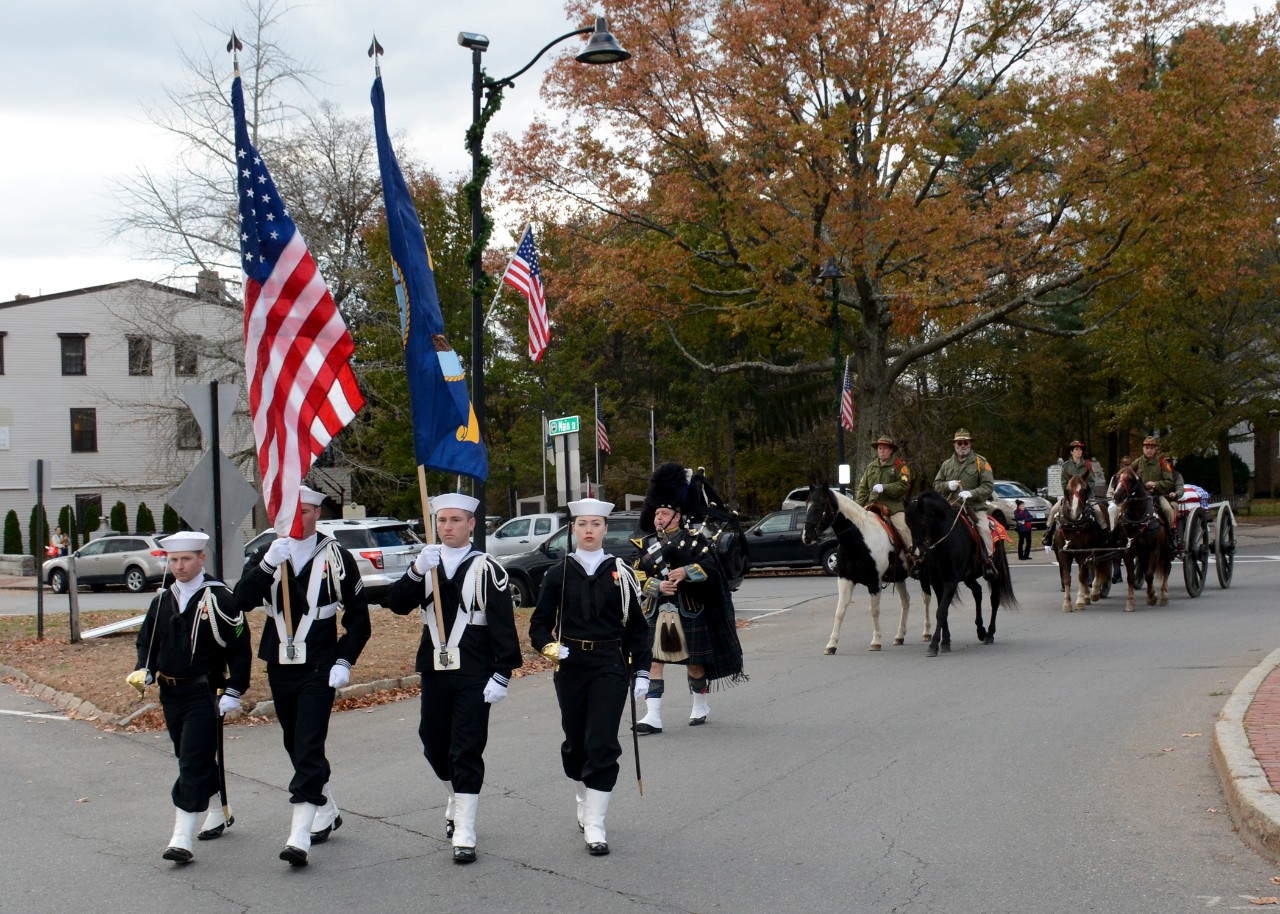 Concord, Mass. (Nov. 15, 2017) A USS Constitution color guard leads the funeral procession of Medal of Honor recipient Capt. Thomas J. Hudner, Jr. Capt. Hudner, a naval aviator, received the Medal of Honor for his actions during the Battle of the Chosin Reservoir during the Korean War. (U.S. Navy photo by Mass Communication Specialist 3rd Class Casey Scoular/Released)