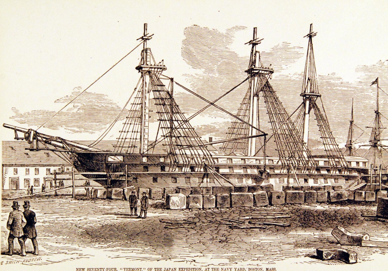 <p>80-G-424913: USS Vermont, Ship of the Line, 1850s. Drawing of Vermont from the Japanese Expedition at Boston Navy Yard, Massachusetts, 1850s. Note, it was deemed that it would be too expensive to send USS Vermont on the Japanese Expedition. Photograph received January 9, 1951. Official U.S. Navy Photograph, now in the collections of the National Archives. (2017/08/01).</p>
