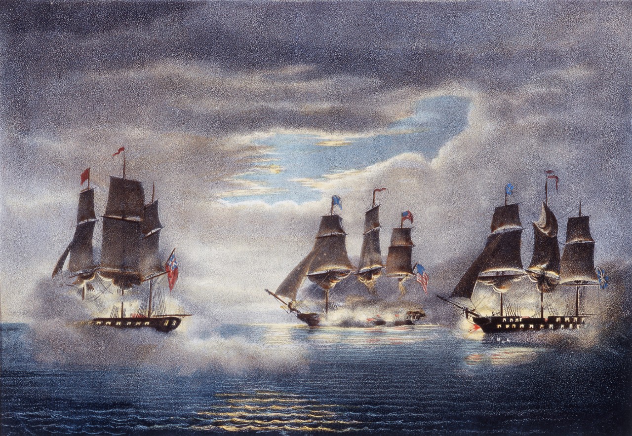 <p>A sailing ship battle at night two ships on the right side firing on a ship on the left side of the image</p>