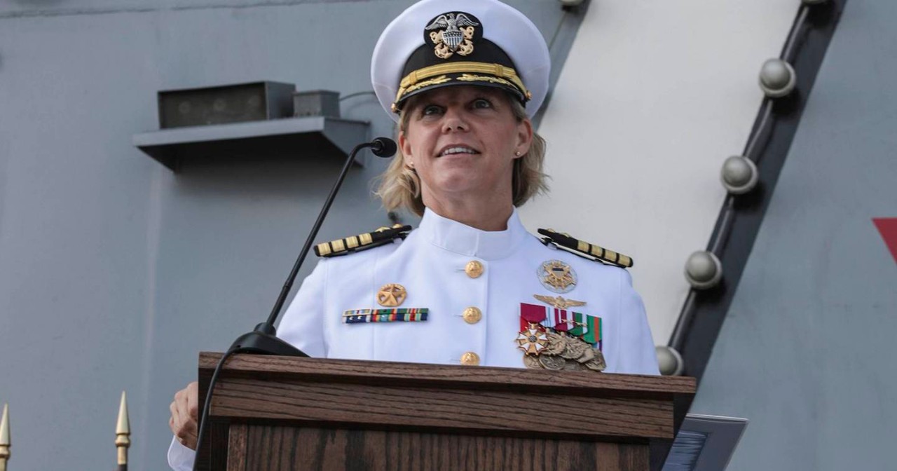 Capt. Amy Bauernschmidt, newly appointed commanding officer of the aircraft carrier Abraham Lincoln, delivers remarks during a change of command ceremony on the flight deck. (MC3 Jeremiah Bartelt/Navy) (USS Abraham Lincoln (CVN 72))