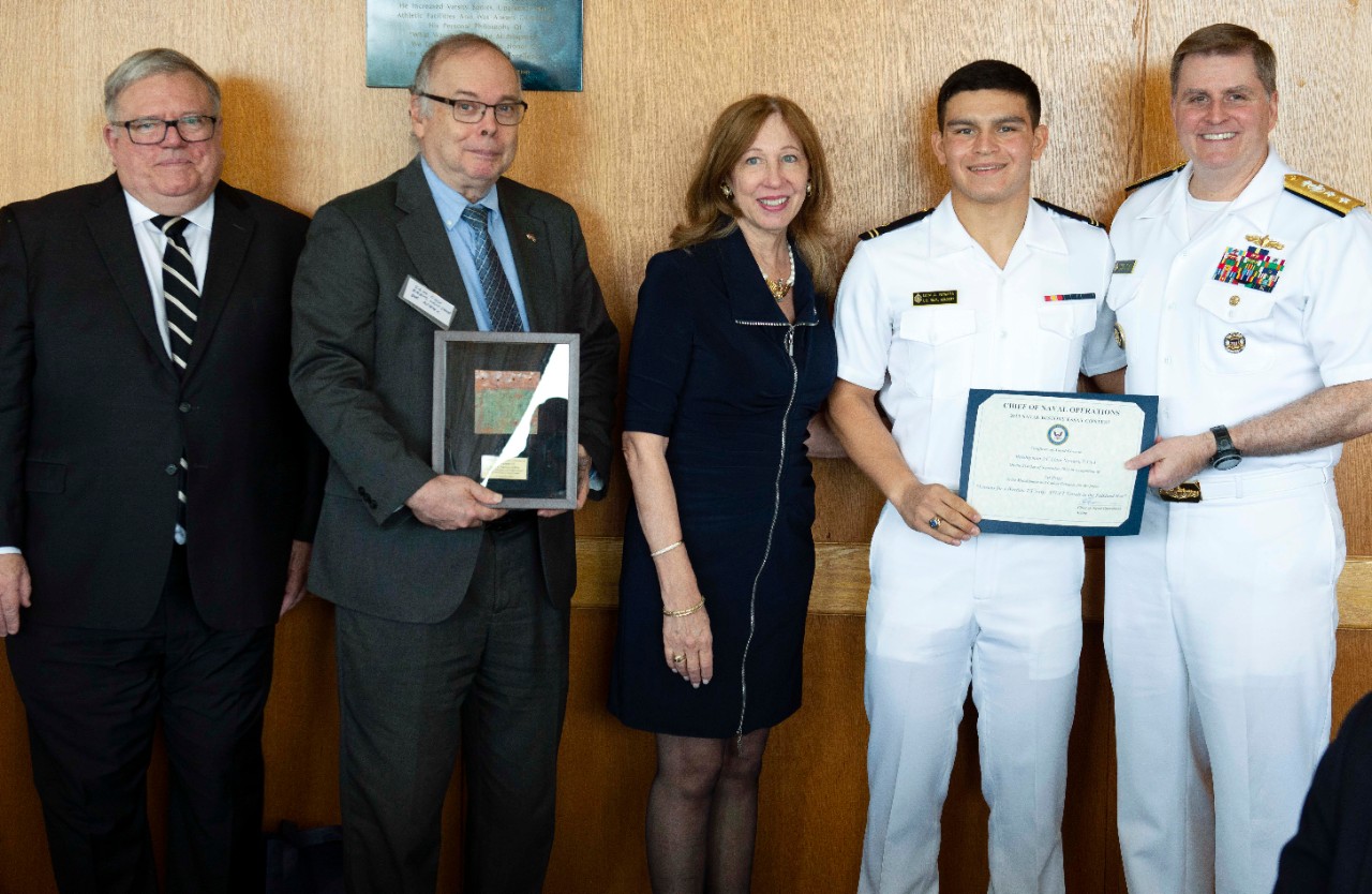  Rear Adm. Fred Kacher, acting Superintendent for the Naval Academy; Naval History and Heritage Command Director, retired Rear. Adm. Sam Cox; Dr. Jennifer London, Chair, Navy League Foundation Board of Directors; and Chief Executive Officer of th...