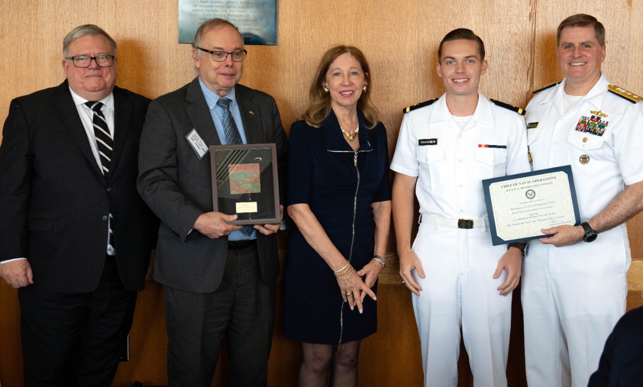 Rear Adm. Fred Kacher, acting Superintendent for the Naval Academy; Naval History and Heritage Command Director, retired Rear. Adm. Sam Cox; Dr. Jennifer London, Chair, Navy League Foundation Board of Directors; and Chief Executive Officer of the...