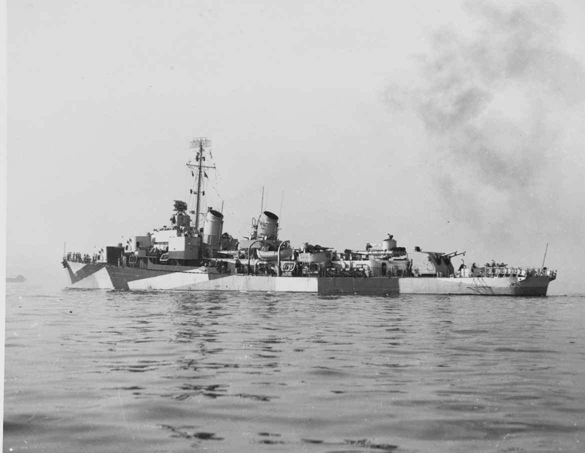 port view of USS Mannert L. Abele (DD-733) Off the Boston Navy Yard, Massachusetts, 1 August 1944. She is wearing Camouflage Measure 32, Design 11A. 