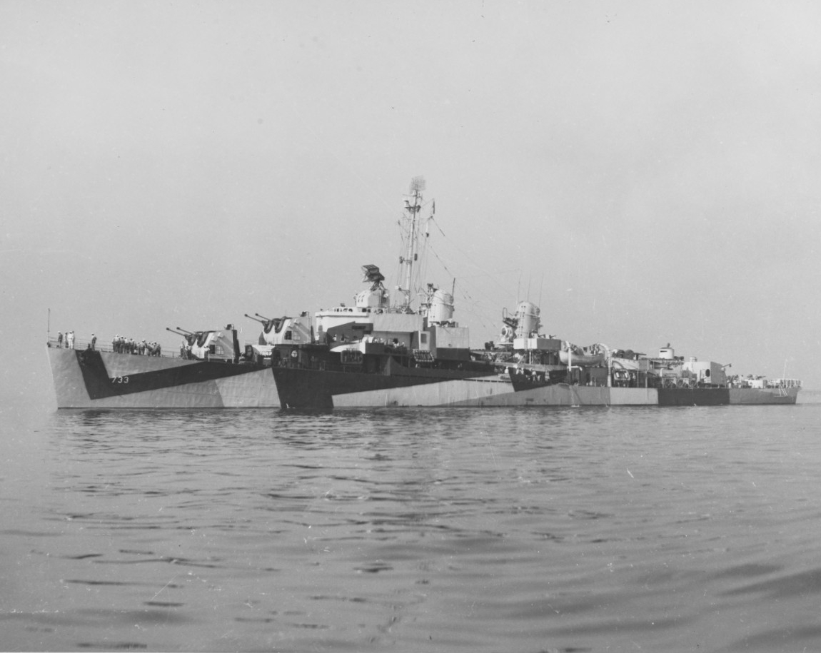 Port view of USS Mannert L. Abele (DD-733) Off the Boston Navy Yard, Massachusetts, 1 August 1944. She is wearing Camouflage Measure 32, Design 11A. 