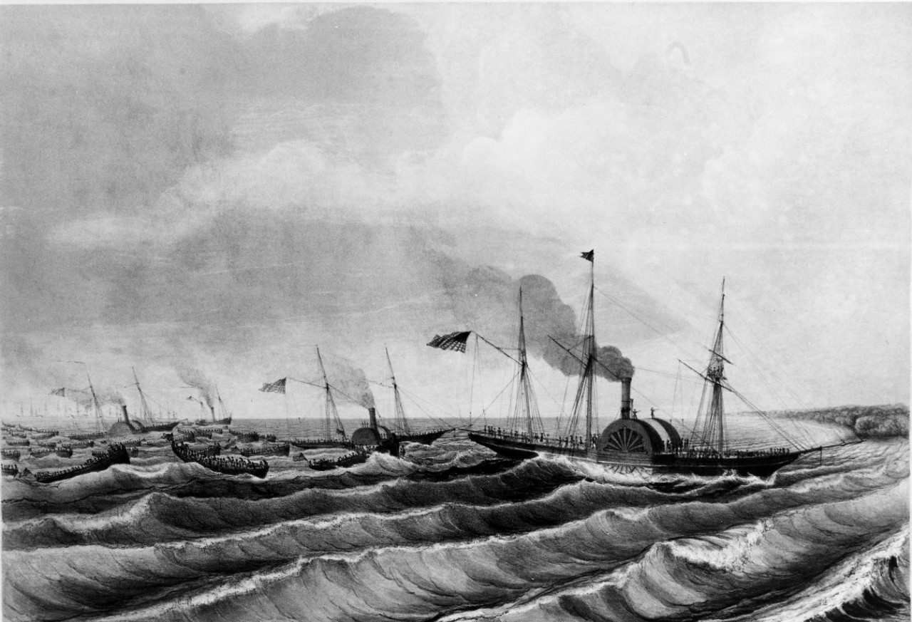 Painting of U.S. steamers Scorpion, Spitfire, Vixen, and Scourge, with 40 barges in tow