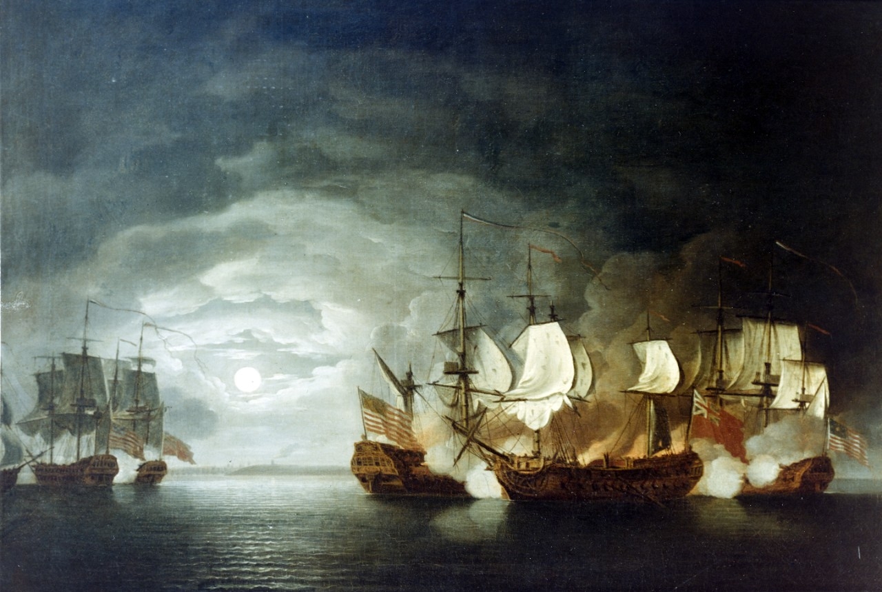 Painting of the battle between Continental ship Bonhomme Richard and HMS Serapis
