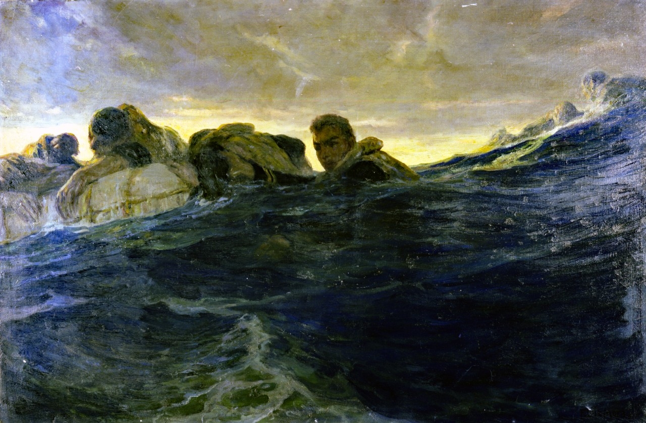 Painting of Lt. (j.g.) Stanton F. Kalk assisting survivors after USS Jacob Jones (DD-61) was sunk