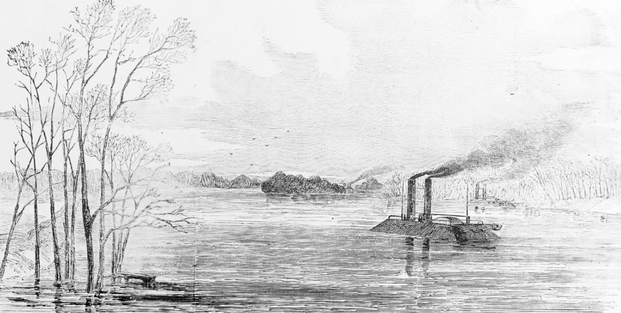 Drawing of Union Capt. Andrew H. Foote’s ironclads approaching Fort Henry, Tennessee
