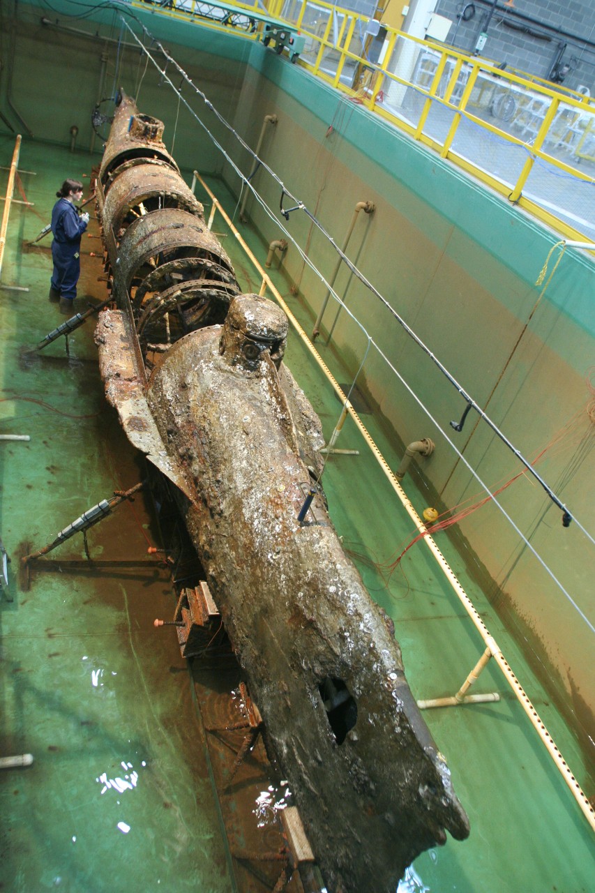 Confederate submarine H. L. Hunley in a conservation tank