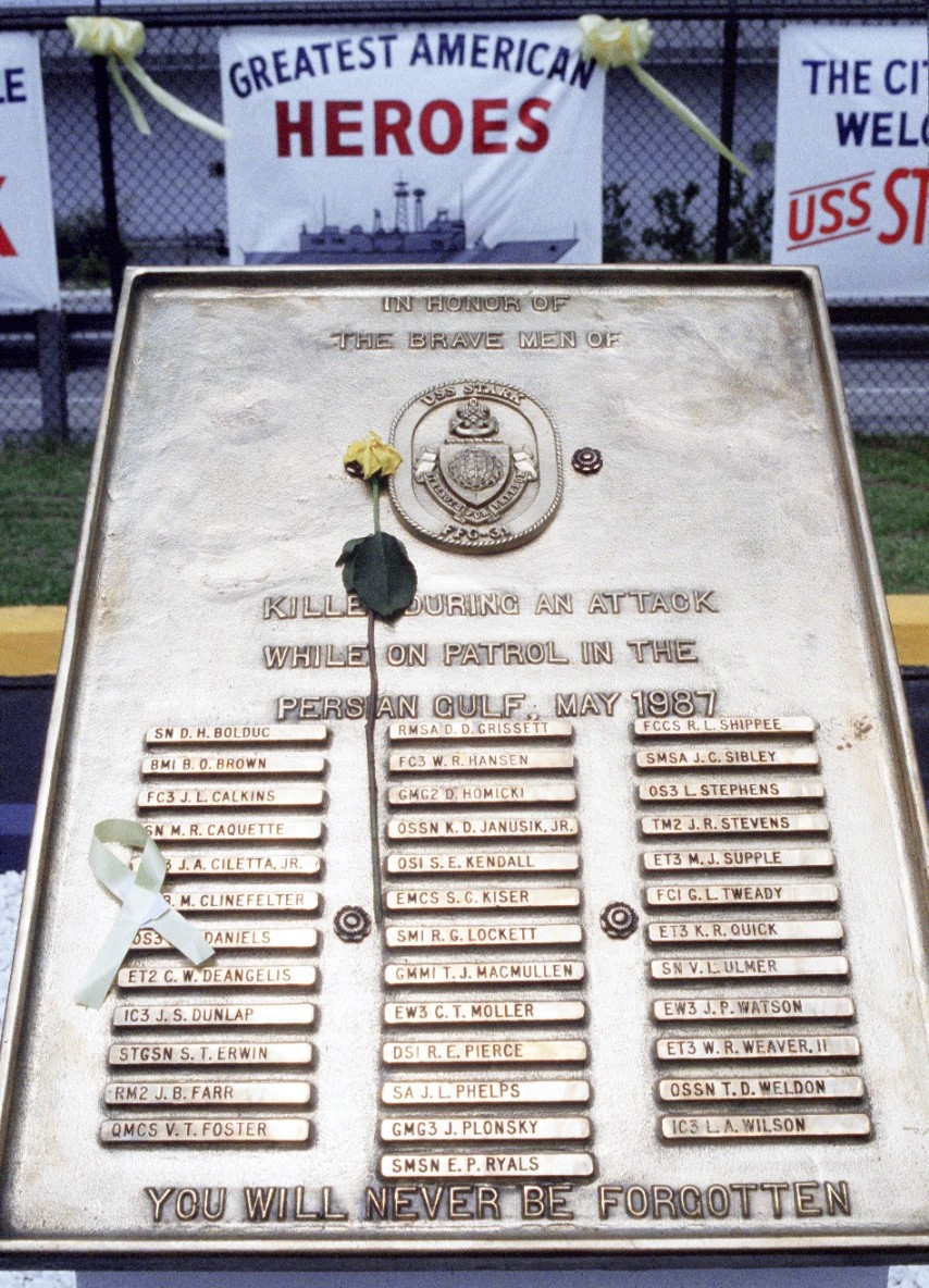 Memorial plaque honoring the 37 crewmembers of USS Stark (FFG 31)