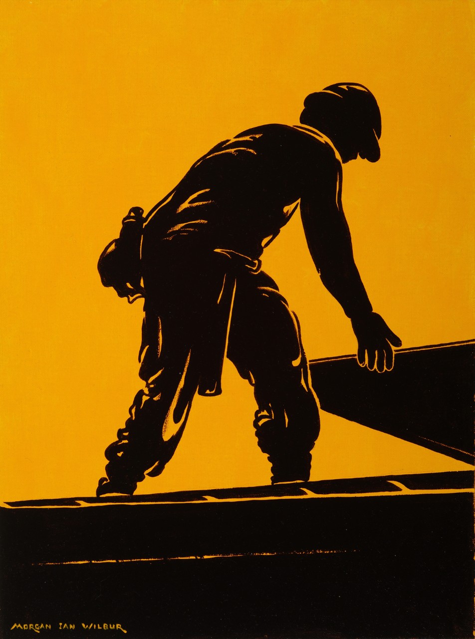 A man on a roof is placing a piece of wood paneling the background is yellow and the rest is black