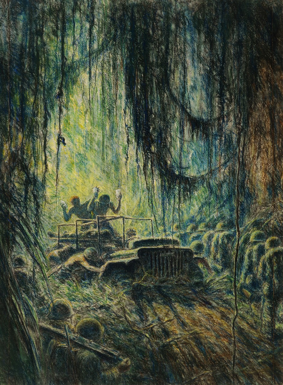 A wounded man is transported through the jungle on a jeep