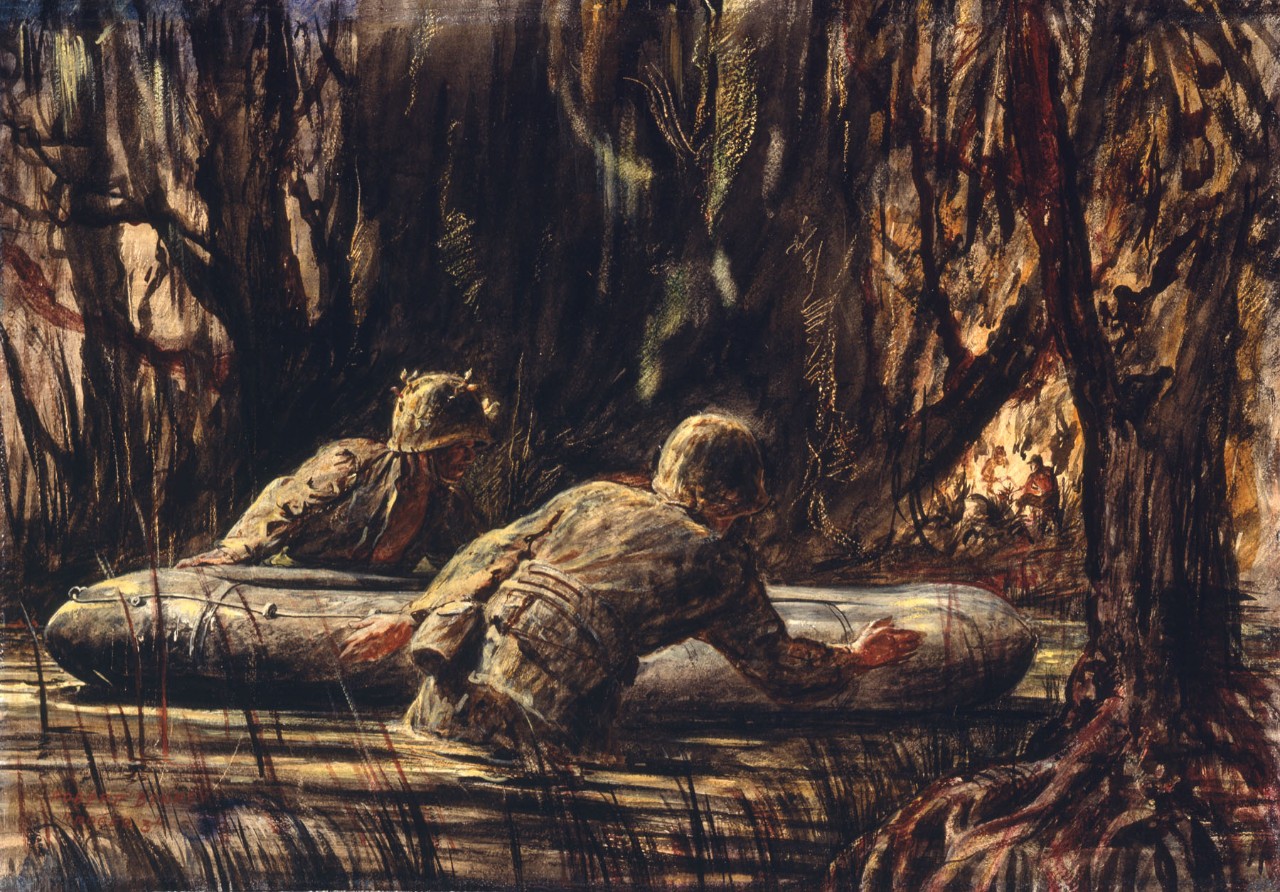 2 men with a raft walk in a waterway with trees to approach the enemy with stealth